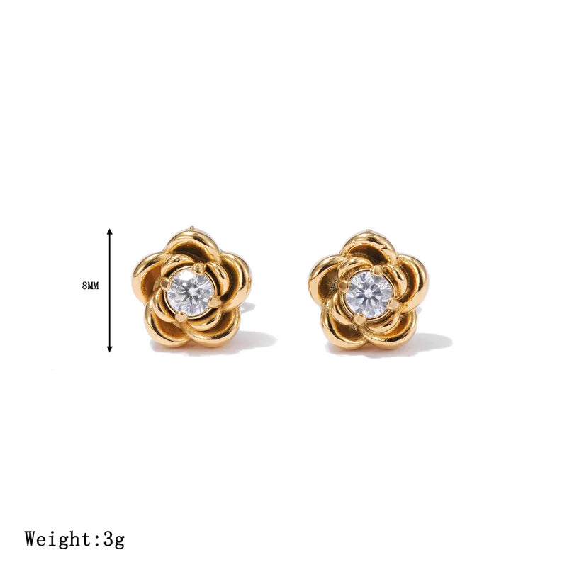 HiranyaVarna Bloom Stud Earrings in 18K Gold PVD and Silver — 8mm floral studs with Premium Cubic Zirconia, waterproof and hypoallergenic