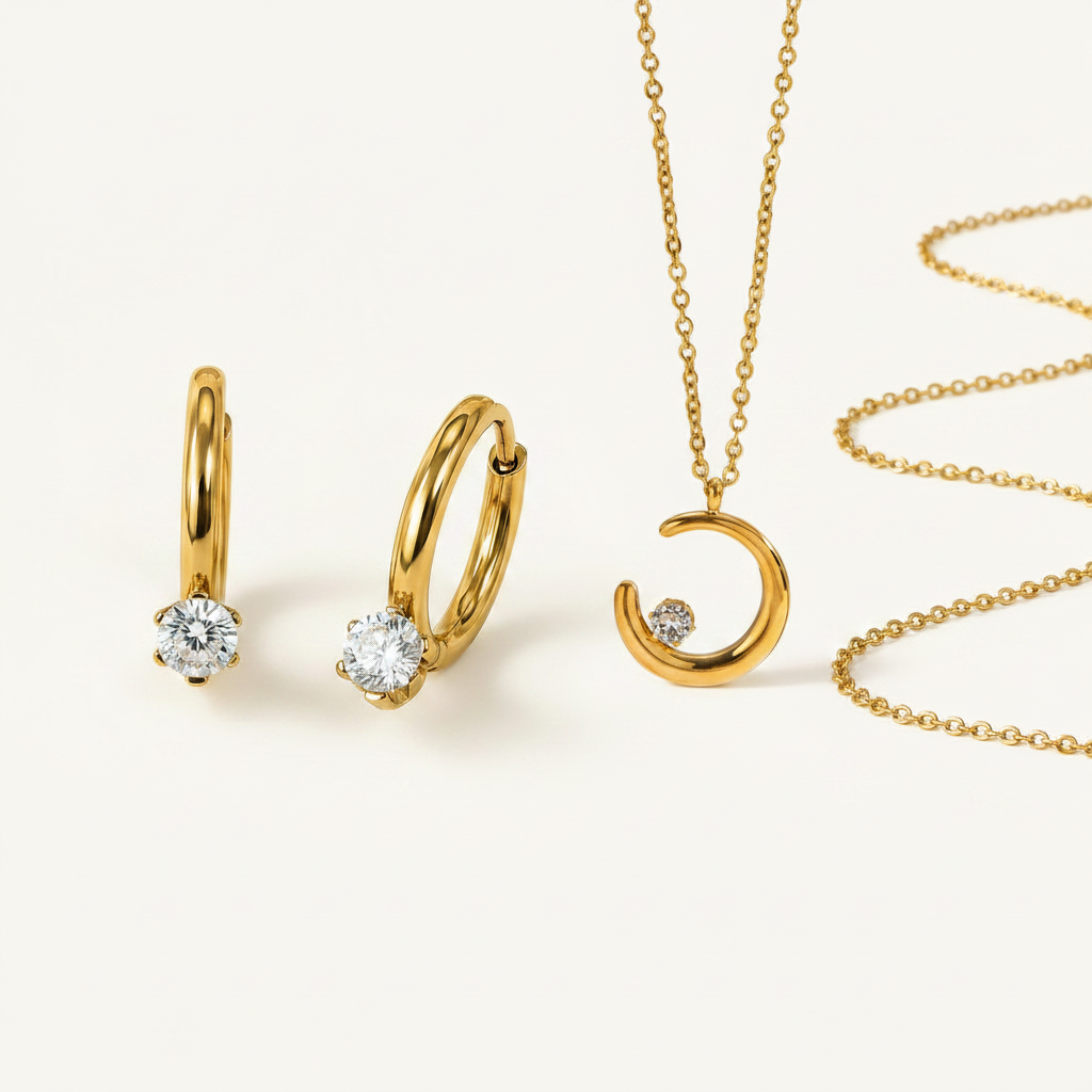 Diamond Hoop Earrings & Moon Necklace Set