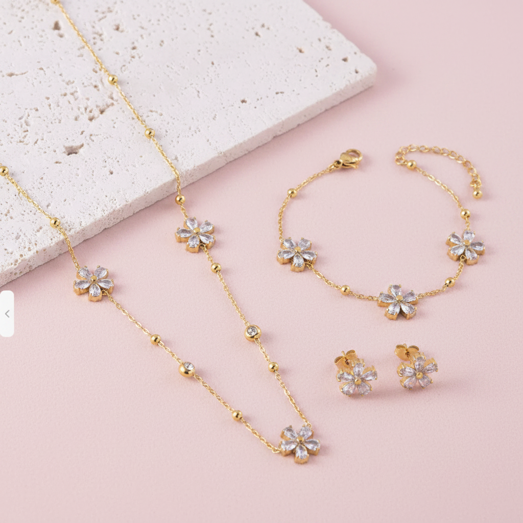 Gold Flower Jewellery Set Blush